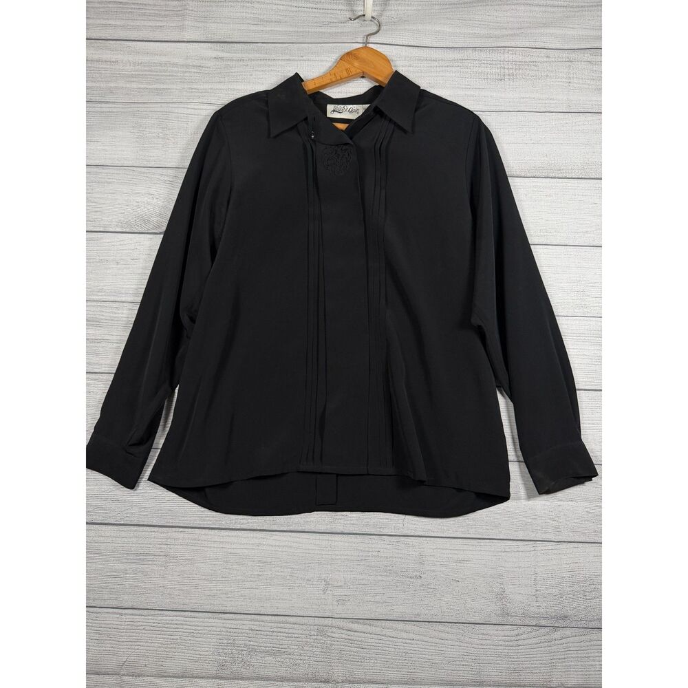 Vintage Yves St Clair Women’s Size 14 Black Pleated Embroidered Blouse 4195